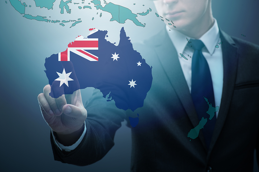 Concept of immigration to Australia with virtual button pressing
